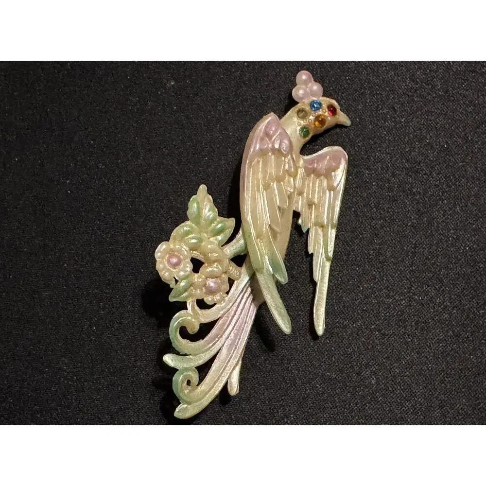 1930's Carved Celluloid Rhinestone Brid Brooch